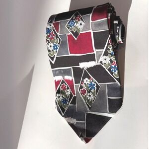 VINTAGE Sabatini Mens Tie Geometric Floral Block Pattern Black Burgundy Grey